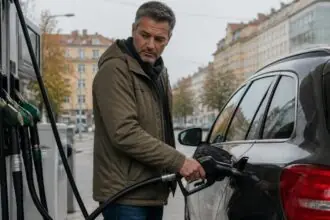 Οδηγός ανεφοδιάζει αυτοκίνητο σε πρατήριο καυσίμων στην Αυστρία.