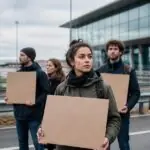 Συμβολική συγκέντρωση διαδηλωτών με πλακάτ κοντά σε γερμανικό αεροδρόμιο