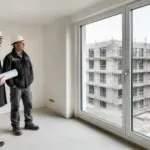 Συμβολική απεικόνιση λιτά κατασκευασμένου νέου διαμερίσματος στη Γερμανία με επαγγελματίες του κατασκευαστικού κλάδου