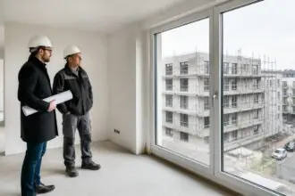 Συμβολική απεικόνιση λιτά κατασκευασμένου νέου διαμερίσματος στη Γερμανία με επαγγελματίες του κατασκευαστικού κλάδου
