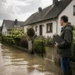 Συμβολική εικόνα σπιτιού στη Γερμανία με νερά πλημμύρας και ιδιοκτήτη που κρατά έγγραφα ασφάλισης