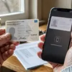 Ηλικιωμένο χέρι κρατά γερμανική ταυτότητα δίπλα σε smartphone πάνω σε γραφείο.