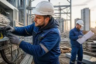 Συμβολική απεικόνιση τεχνικών σε έργο ηλεκτρολογικών υποδομών στη Γερμανία.