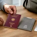 Γερμανικό διαβατήριο δίπλα σε θήκη RFID και αλουμινόχαρτο, σε συμβολική απεικόνιση