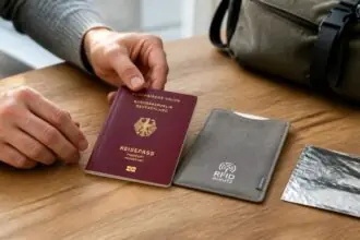 Γερμανικό διαβατήριο δίπλα σε θήκη RFID και αλουμινόχαρτο, σε συμβολική απεικόνιση