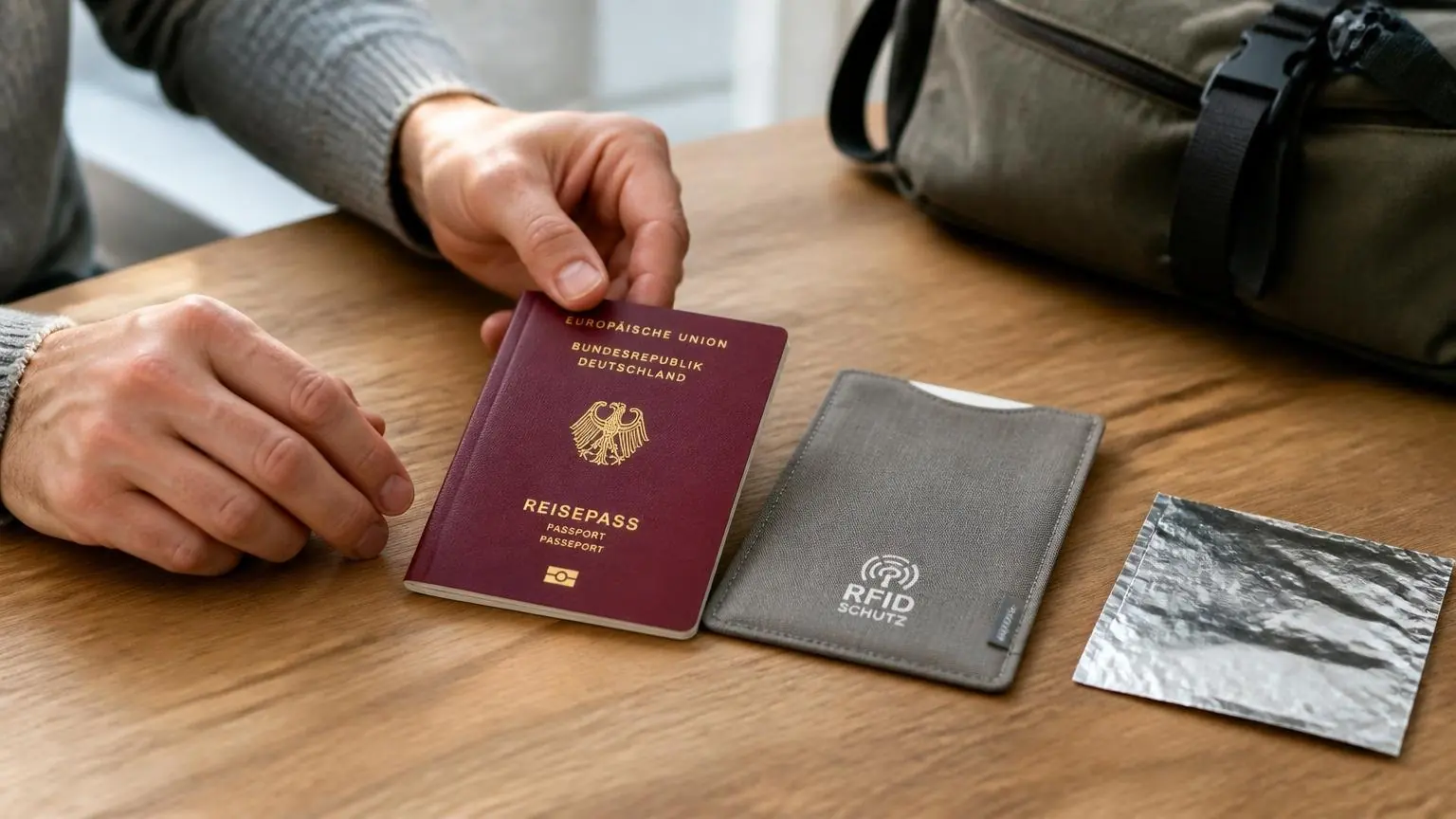 Γερμανικό διαβατήριο δίπλα σε θήκη RFID και αλουμινόχαρτο, σε συμβολική απεικόνιση