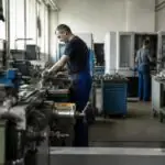 Εργαζόμενοι σε γερμανικό βιομηχανικό εργαστήριο με μηχανήματα παραγωγής, στο πλαίσιο των ιταλικών εξαγορών.