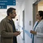 Symbolische Darstellung eines Gesprächs zwischen einem Patienten und medizinischem Personal in einem griechischen Krankenhaus