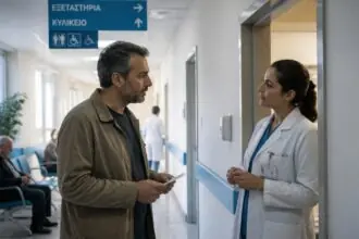 Symbolische Darstellung eines Gesprächs zwischen einem Patienten und medizinischem Personal in einem griechischen Krankenhaus
