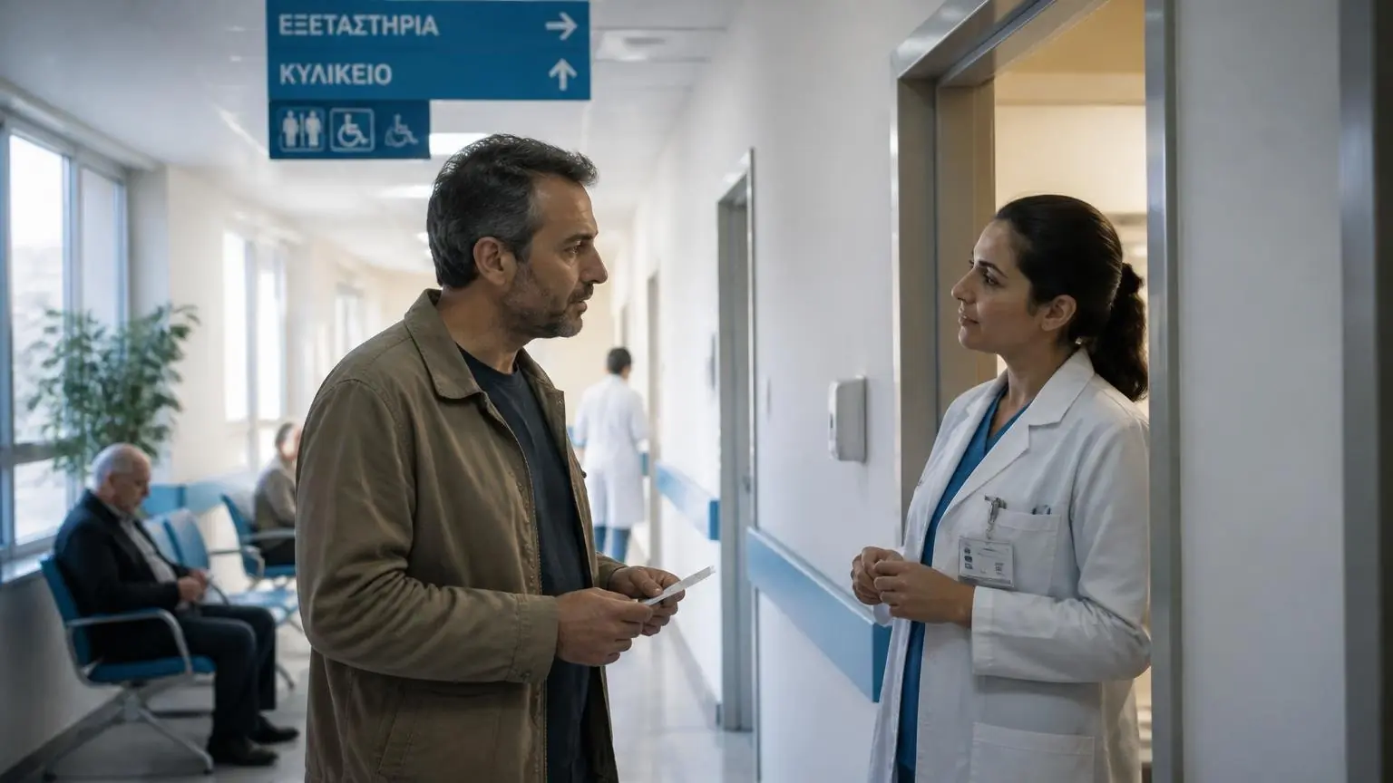 Symbolische Darstellung eines Gesprächs zwischen einem Patienten und medizinischem Personal in einem griechischen Krankenhaus
