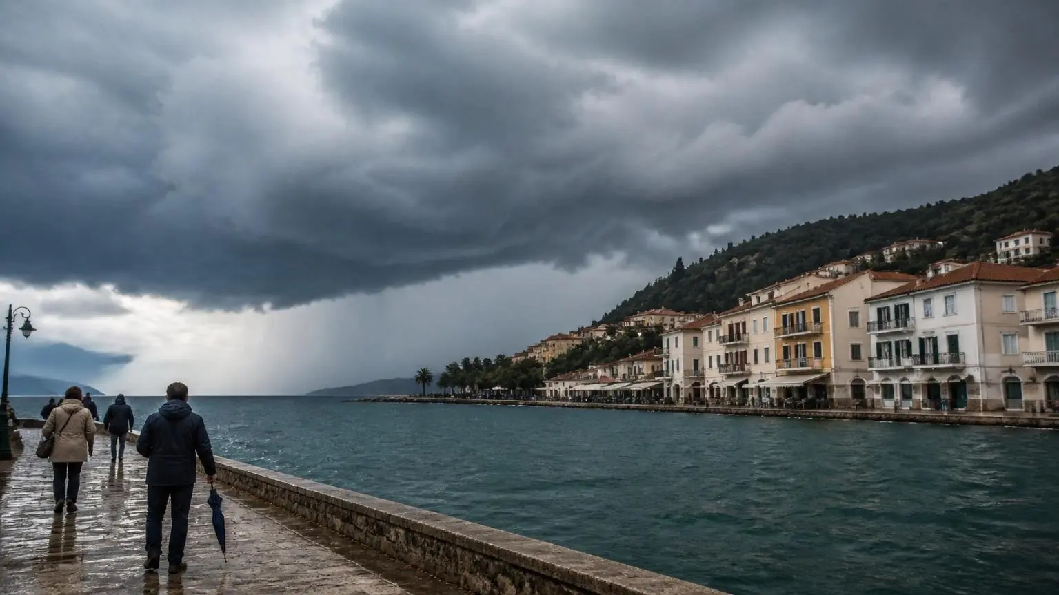 Symbolische Wetteraufnahme einer dunklen Gewitterfront über einer Küstenstadt in Griechenland