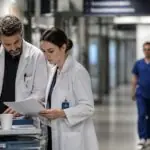 Γιατροί εξετάζουν έγγραφα σε διάδρομο πανεπιστημιακού νοσοκομείου, συμβολική εικόνα για τις περικοπές προσωπικού στο Ρέγκενσμπουργκ