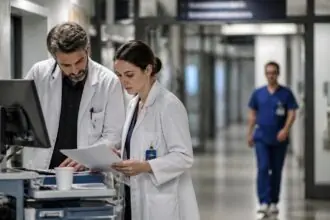 Γιατροί εξετάζουν έγγραφα σε διάδρομο πανεπιστημιακού νοσοκομείου, συμβολική εικόνα για τις περικοπές προσωπικού στο Ρέγκενσμπουργκ