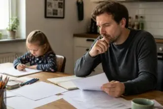 Γονέας με παιδί σε οικιακό τραπέζι με χαρτιά και τετράδιο για τον οικογενειακό προϋπολογισμό