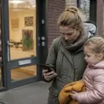 Γονέας κοιτάζει το κινητό του δίπλα σε μικρό παιδί στην είσοδο παιδικού σταθμού στην Ολλανδία.