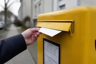Χέρι τοποθετεί λευκό φάκελο σε κίτρινο δημόσιο γραμματοκιβώτιο στη Γερμανία