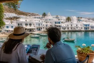 Symbolbild eines griechischen Küstenortes mit Reisenden bei der Urlaubsplanung
