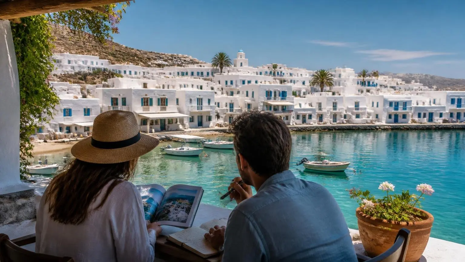 Symbolbild eines griechischen Küstenortes mit Reisenden bei der Urlaubsplanung