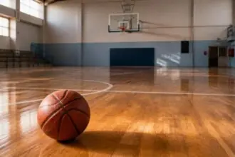 Ein Basketball liegt auf dem Parkett einer leeren Sporthalle mit Basketballkorb im Hintergrund.