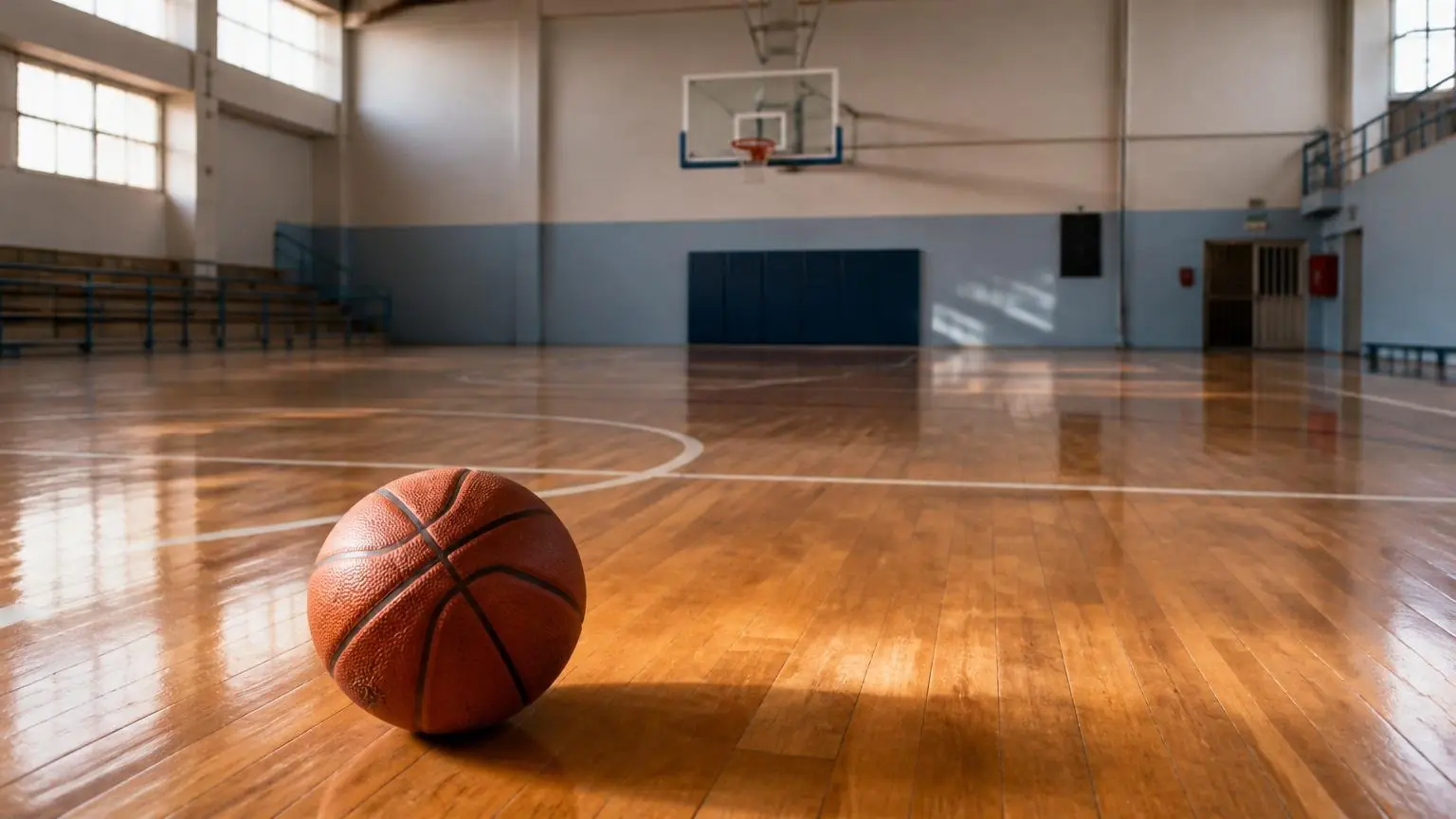 Ein Basketball liegt auf dem Parkett einer leeren Sporthalle mit Basketballkorb im Hintergrund.