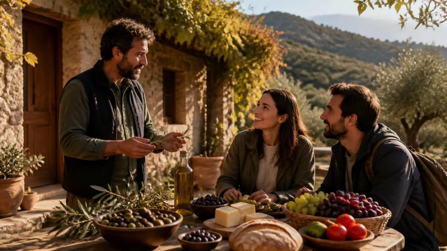Gäste verkosten regionale Produkte bei einem Erzeuger auf dem griechischen Land, symbolisch dargestellt