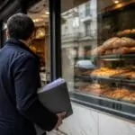 Symbolbild einer griechischen Bäckerei mit einer Person, die Ermittlungsunterlagen hält