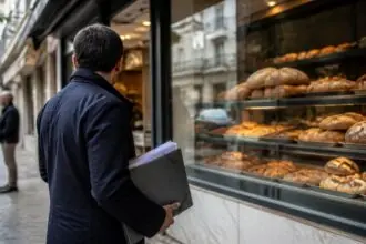 Symbolbild einer griechischen Bäckerei mit einer Person, die Ermittlungsunterlagen hält