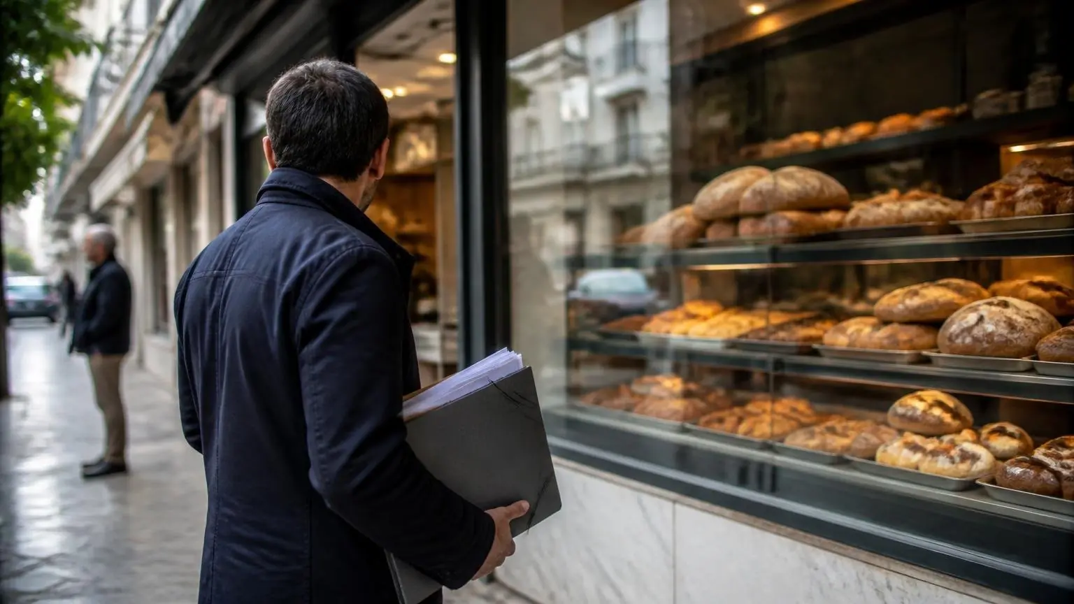 Symbolbild einer griechischen Bäckerei mit einer Person, die Ermittlungsunterlagen hält