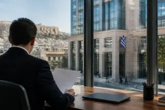 Symbolbild einer Bankfassade und eines Analysten bei der Auswertung von Unterlagen in Griechenland
