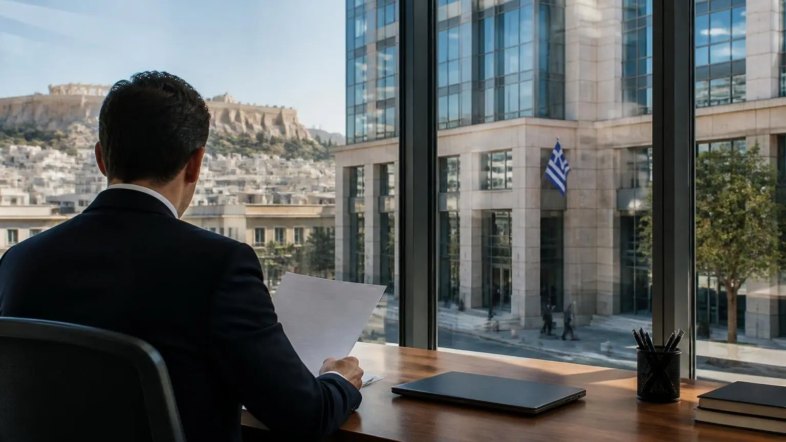 Symbolbild einer Bankfassade und eines Analysten bei der Auswertung von Unterlagen in Griechenland