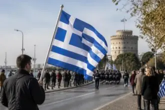 Griechische Flagge bei einer symbolischen Gedenkszene zum Ochi-Tag in Thessaloniki