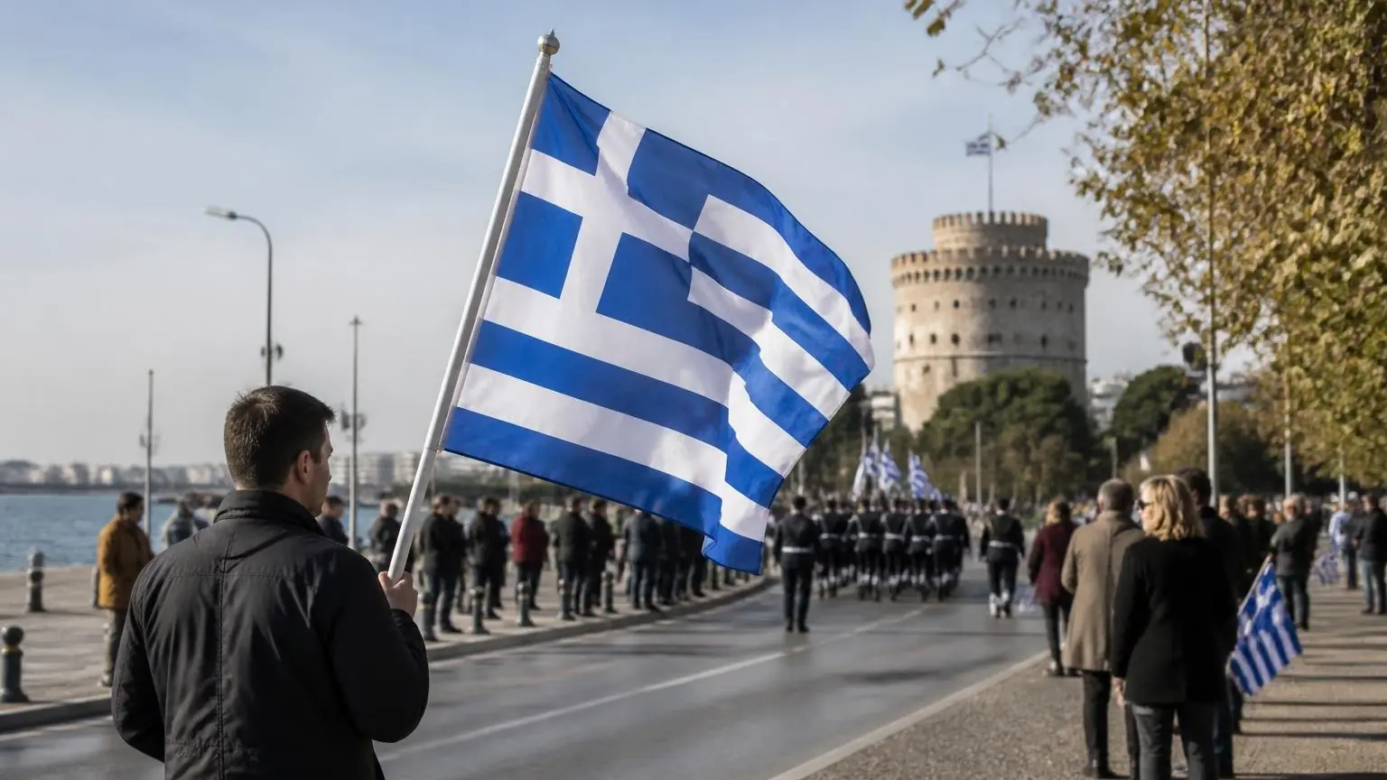 Griechische Flagge bei einer symbolischen Gedenkszene zum Ochi-Tag in Thessaloniki