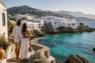 Symbolbild eines Paares auf einer sonnigen Terrasse mit Blick auf eine griechische Inselbucht