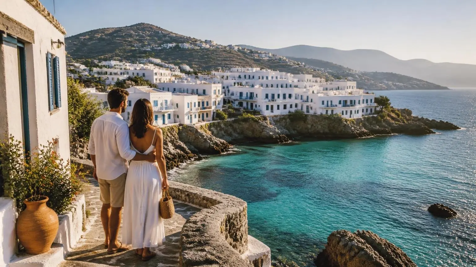 Symbolbild eines Paares auf einer sonnigen Terrasse mit Blick auf eine griechische Inselbucht