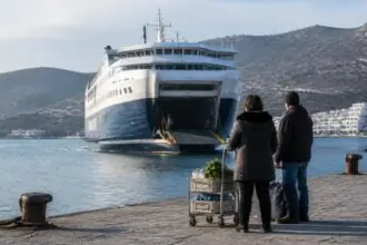 Symbolbild einer Passagierfähre beim Einlaufen in einen Hafen auf einer griechischen Insel