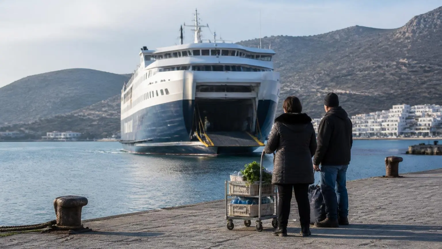 Symbolbild einer Passagierfähre beim Einlaufen in einen Hafen auf einer griechischen Insel