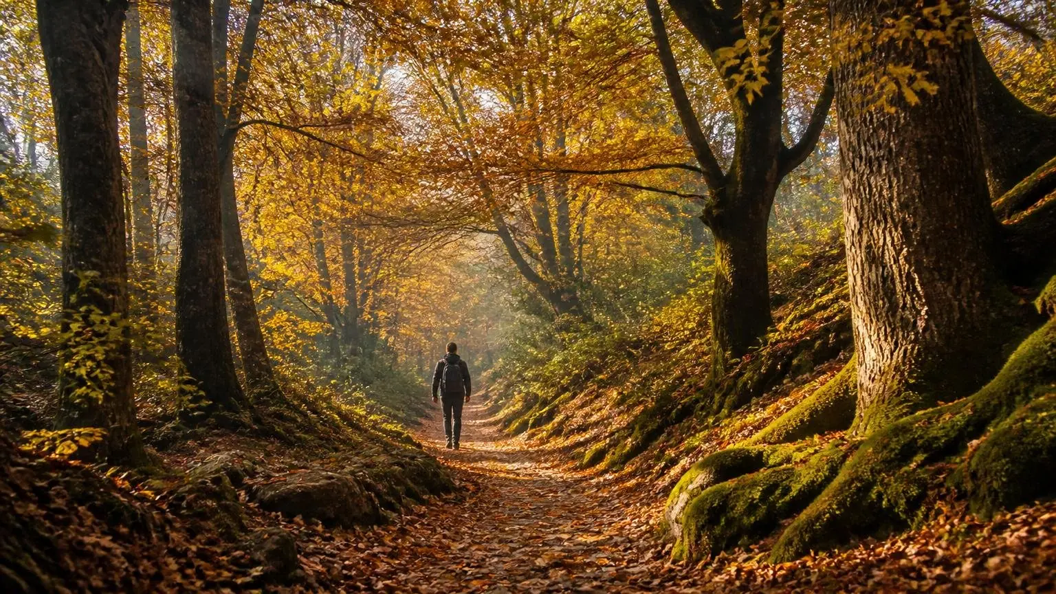 Symbolbild eines herbstlichen Waldwegs in Griechenland mit buntem Laub und einer wandernden Person