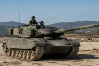 Griechischer Leopard-Kampfpanzer auf einem staubigen militärischen Übungsgelände