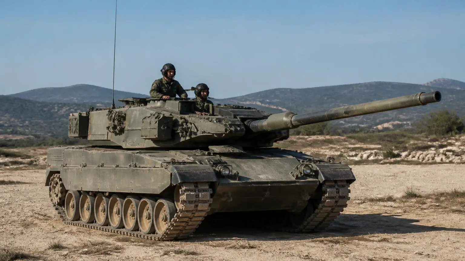 Griechischer Leopard-Kampfpanzer auf einem staubigen militärischen Übungsgelände