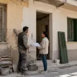 Symbolische Darstellung der Renovierung eines leerstehenden Wohnhauses in Griechenland mit Bauarbeiter und Eigentümer