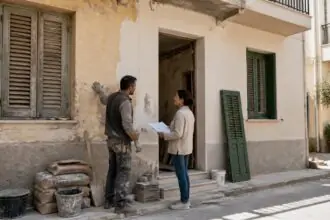 Symbolische Darstellung der Renovierung eines leerstehenden Wohnhauses in Griechenland mit Bauarbeiter und Eigentümer