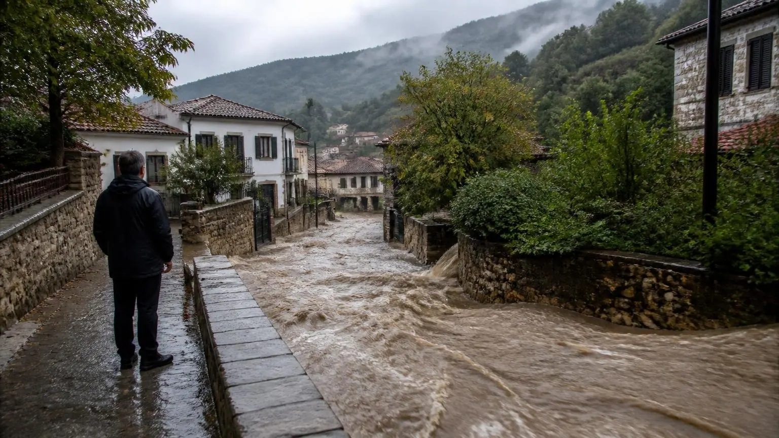 Schlammiges Hochwasser überflutet eine Dorfstraße in einer grünen griechischen Küstenlandschaft