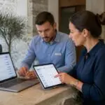 Symbolbild eines Hotelteams beim Vergleich von Unterkunftsangeboten auf Laptop und Tablet in Griechenland