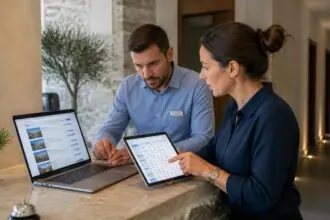 Symbolbild eines Hotelteams beim Vergleich von Unterkunftsangeboten auf Laptop und Tablet in Griechenland