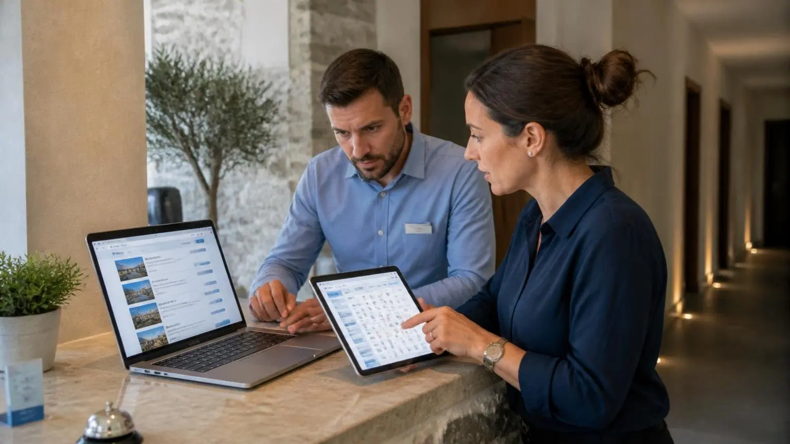 Symbolbild eines Hotelteams beim Vergleich von Unterkunftsangeboten auf Laptop und Tablet in Griechenland