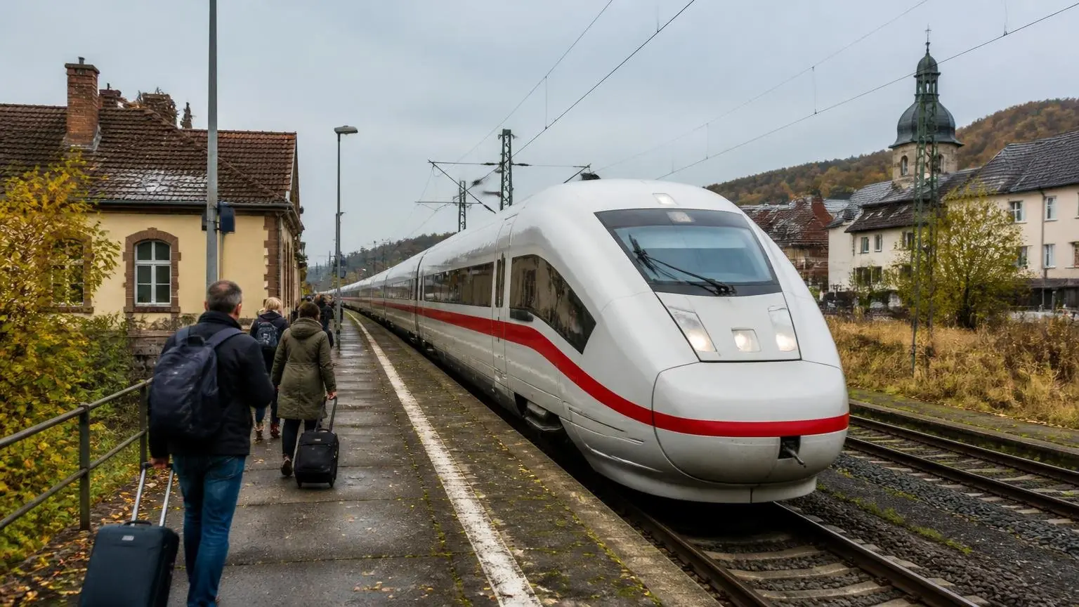 Συμβολική απεικόνιση γερμανικού τρένου ICE σε μικρό περιφερειακό σιδηροδρομικό σταθμό