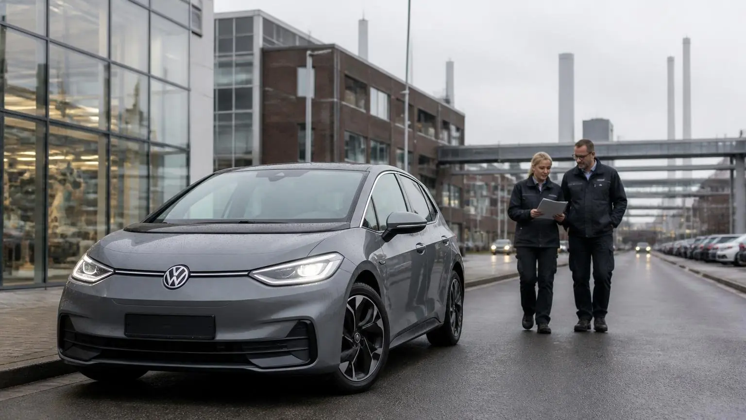 Συμβολική εικόνα ηλεκτρικού αυτοκινήτου Volkswagen μπροστά σε βιομηχανικές εγκαταστάσεις στο Βόλφσμπουργκ