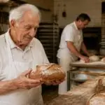 Ηλικιωμένος αρτοποιός σε οικογενειακό εργαστήριο αρτοποιίας με δύο νεότερους συνεργάτες