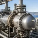 Rohrleitungen und technische Anlagen auf einem industriellen Betriebsgelände bei Tageslicht.
