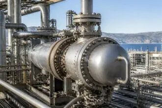 Rohrleitungen und technische Anlagen auf einem industriellen Betriebsgelände bei Tageslicht.